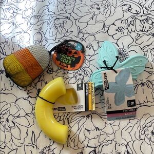 BarkBox Chompy Corn, Macaroni and Butterfly Dog Toys - Yellow and Blue